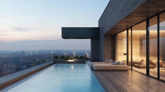 Modern rooftop terrace with infinity pool overlooking city skyline at sunset, luxurious urban living space design 4k video footage