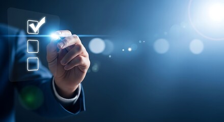 Businessman checking off a task on a digital checklist with a pen, representing completion and success