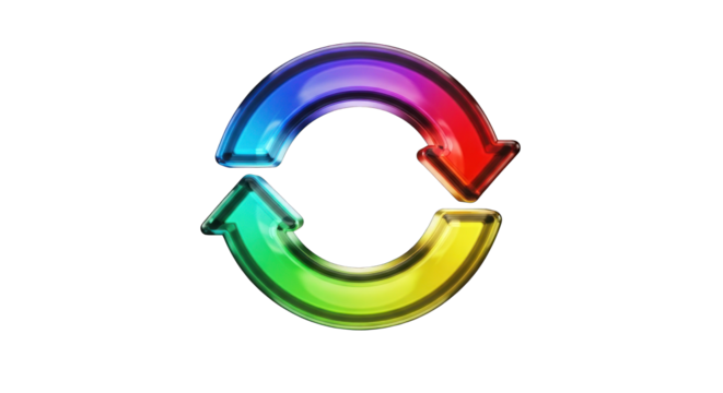 Colorful rainbow refresh symbol with two circular arrows.
