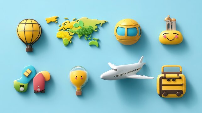 Cute travel icons including airplane world map and suitcase on blue background