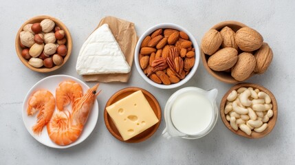 Array of Common Allergenic Foods Including Nuts, Seafood, Dairy, and Cheese Arranged on a Light Background for Educational Purposes on Allergies