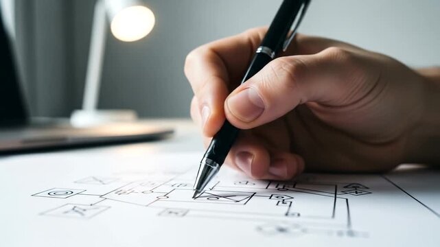 Close-up of a hand writing technical diagrams on paper in a modern workspace