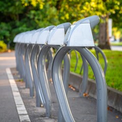Parked bikes, modern gray bike racks, outdoors