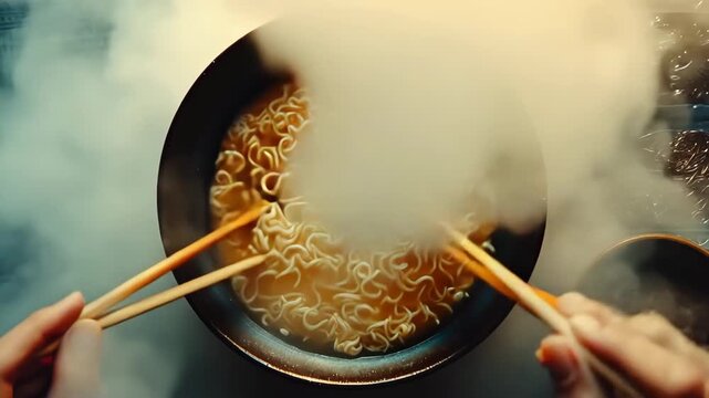 Steaming hot ramen noodles being stirred with chopsticks create an appetizing culinary experience, perfect for food blogs and Asian cuisine promotions