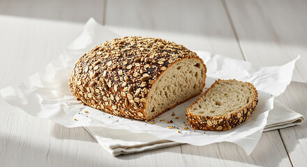 Multigrain seeded bread loaf with a slice