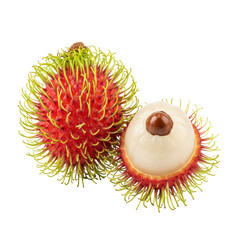 Vibrant tropical rambutan fruit with lush red skin and green tendrils isolated transparent