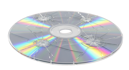 Damaged CD optical disc with cracks and scratches isolated.