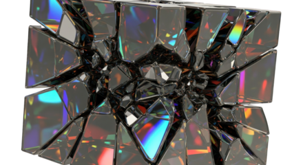 Abstract Cube Sculpture with Iridescent Reflections.
