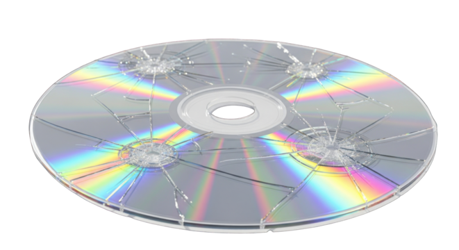 Damaged CD optical disc with cracks and scratches isolated.