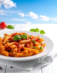 Pasta dish with tomato sauce, basil, and  cloudy sky