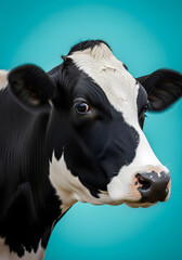 Closeup of a Black and White Cow Head Against a Turquoise Background