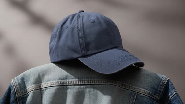 A blue cap on a denim jacket, close-up shot against a grey backdrop