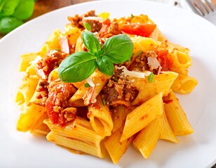 Pasta dish with tomato sauce, meat, and cheese