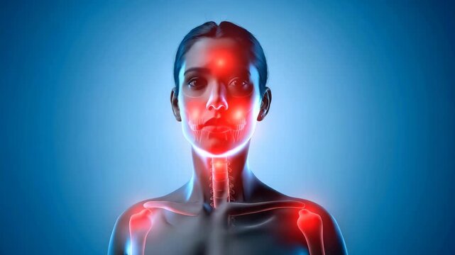 Experiencing throbbing head pain and jaw discomfort in animated medical visualization, highlighting potential migraine or TMJ issues for healthcare marketing