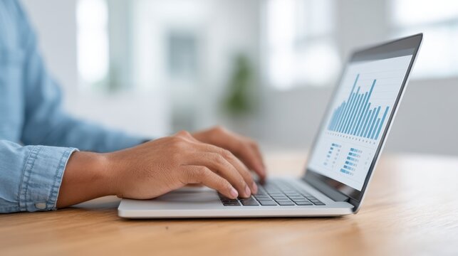 Focused Employee Analyzing Financial Data on Laptop in Bright Modern Office Environment