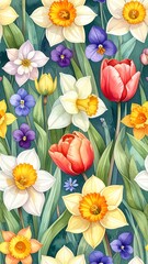 Watercolor spring flowers, densely packed, seamless pattern