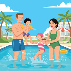 A happy family enjoying a sunny day together at the swimming pool, splashing and laughing with joy.