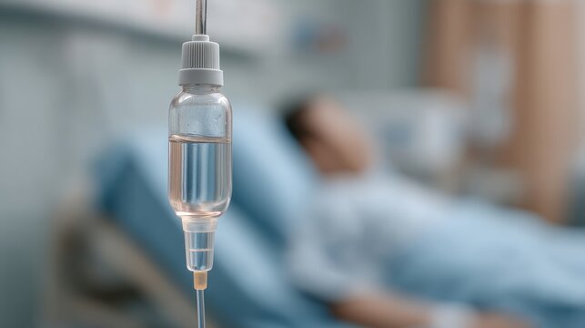 Close-Up of IV Drip Hanging in Hospital Room with Blurred Patient in Background, Providing Intravenous Therapy for Health Management and Recovery
