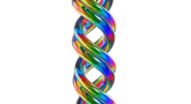 Vibrant Rainbow DNA Helix Structure on White Background.