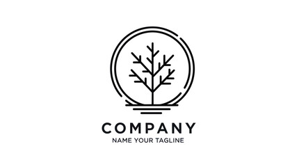 Minimalist line art tree logo design inside a circular frame.