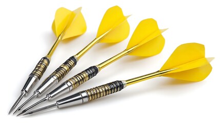 Four yellow darts isolated on white background for a game of skill