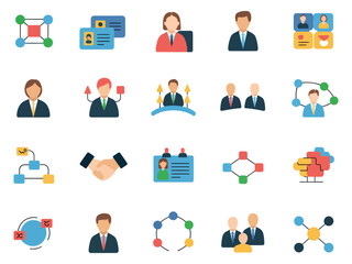 Colorful icons depicting business partnerships and connections, featuring diverse professionals.