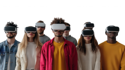 Diverse group of people wearing virtual reality headsets isolated on transparent background