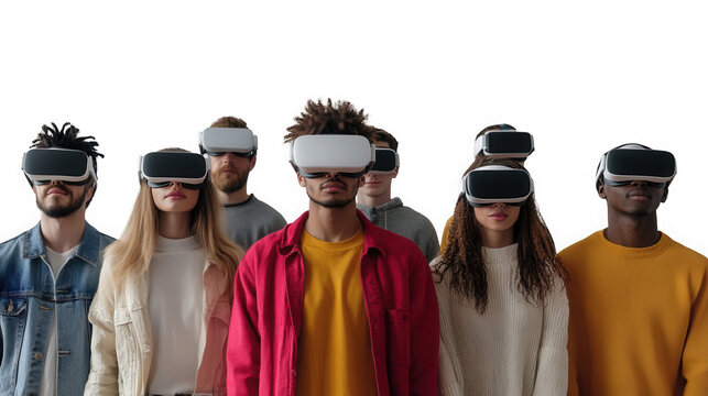 Diverse group of people wearing virtual reality headsets isolated on transparent background