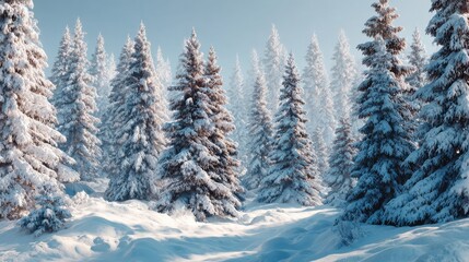 Naklejka premium frozen winter forest with snow covered trees outdoor happy new year and merry christmas no logos no brands ar 169