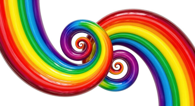 Two vibrant rainbow spirals on a white background.