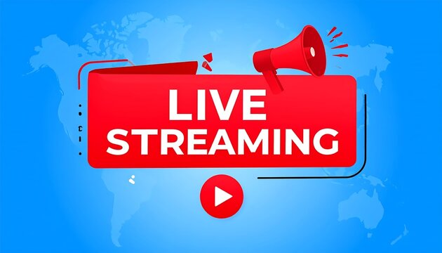 Red "LIVE STREAMING" banner with megaphone and play button over world map - Powered by Adobe