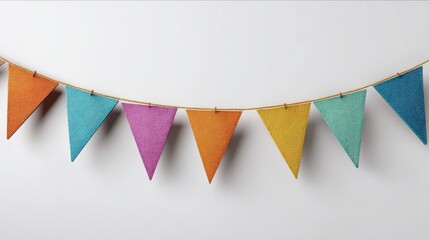 colorful triangle bunting flags arranged on a string against a modern and white background for celebrations and parties