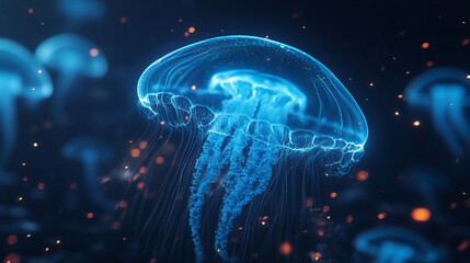 glowing jellyfish floating in dark ocean waters, showcasing bioluminescence, ethereal beauty, deep-sea atmosphere, marine life, ocean exploration, and aquatic serenity.