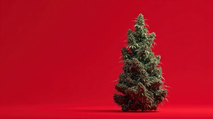 creative display of cannabis arranged as a christmas tree against a vibrant red background alternative medical cbd and marketing winter holidays design concept with copy space