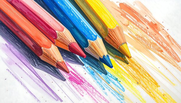 Close-up view of colored pencils creating vibrant streaks on white paper
