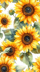 Vibrant watercolor sunflowers and leaves on white
