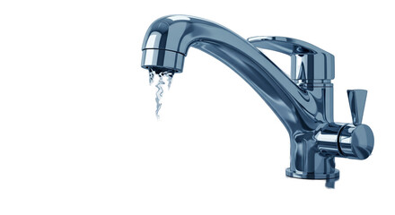 3D Chrome Faucet with Flowing Water on Blue Background