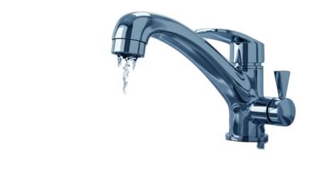 3D Chrome Faucet with Flowing Water on Blue Background