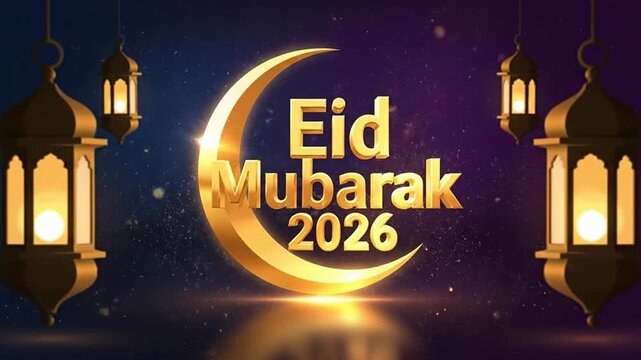 Eid Mubarak 2026 Festive Greeting with Golden Crescent Moon and Lanterns