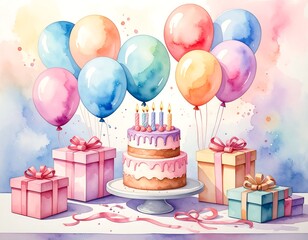 Pastel birthday scene with balloons, cake, and gifts