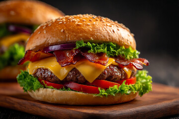 delicious homemade burger of beef, cheese and vegetables on an table. Fat unhealthy food close-up, burger with cheese, bacon, salad and vegetables on wooden board, hamburger with lettuce, cheeseburger