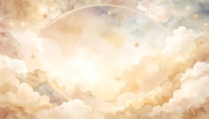 Pastel clouds, glowing circle, starry sky