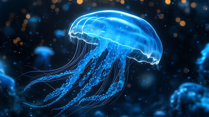 glowing jellyfish floating in dark ocean waters, showcasing bioluminescence, ethereal beauty, deep-sea atmosphere, marine life, ocean exploration, and aquatic serenity.