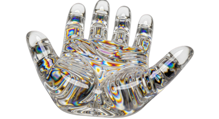 Transparent crystal hand sculpture with prismatic light reflections.