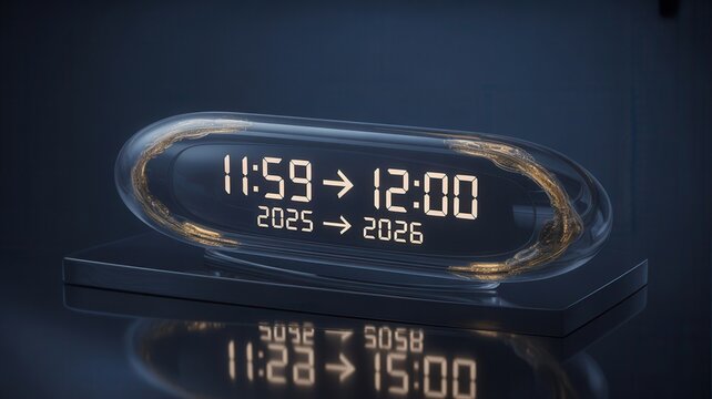 Digital clock displays midnight transition from 1159 to 1200 with date and temperature