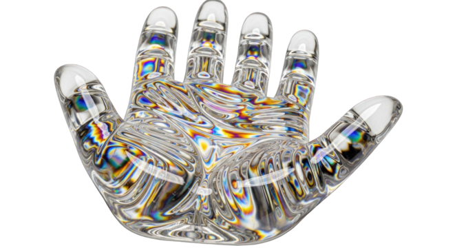 Transparent crystal hand sculpture with prismatic light reflections.