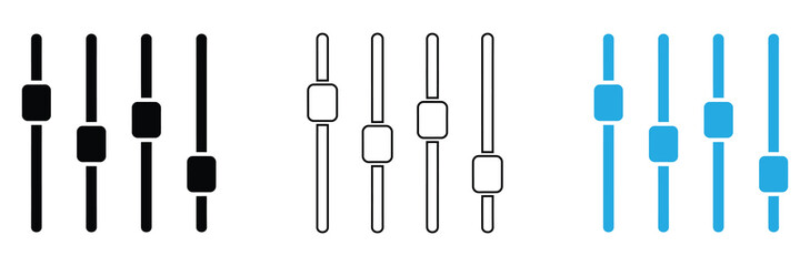 Adjustments icon Flat illustration vector with thin stroke,equalizer icons in black, outline, and blue isolated on white background,