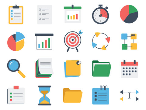 Colorful flat design icons representing project management and productivity tools.