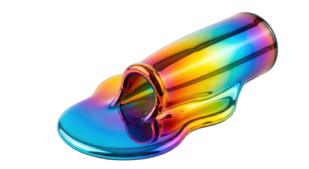 Rainbow metallic liquid spilling from a glass.
