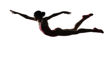 Female dancer in a red leotard leaps through the air isolated on transparent background